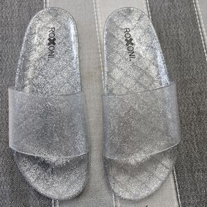 Roxoni Silver Sparkly Slide Sandals with Textured Footbed
